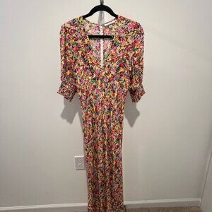 Pink and White Floral Wrap Maxi Dress with V-Neck